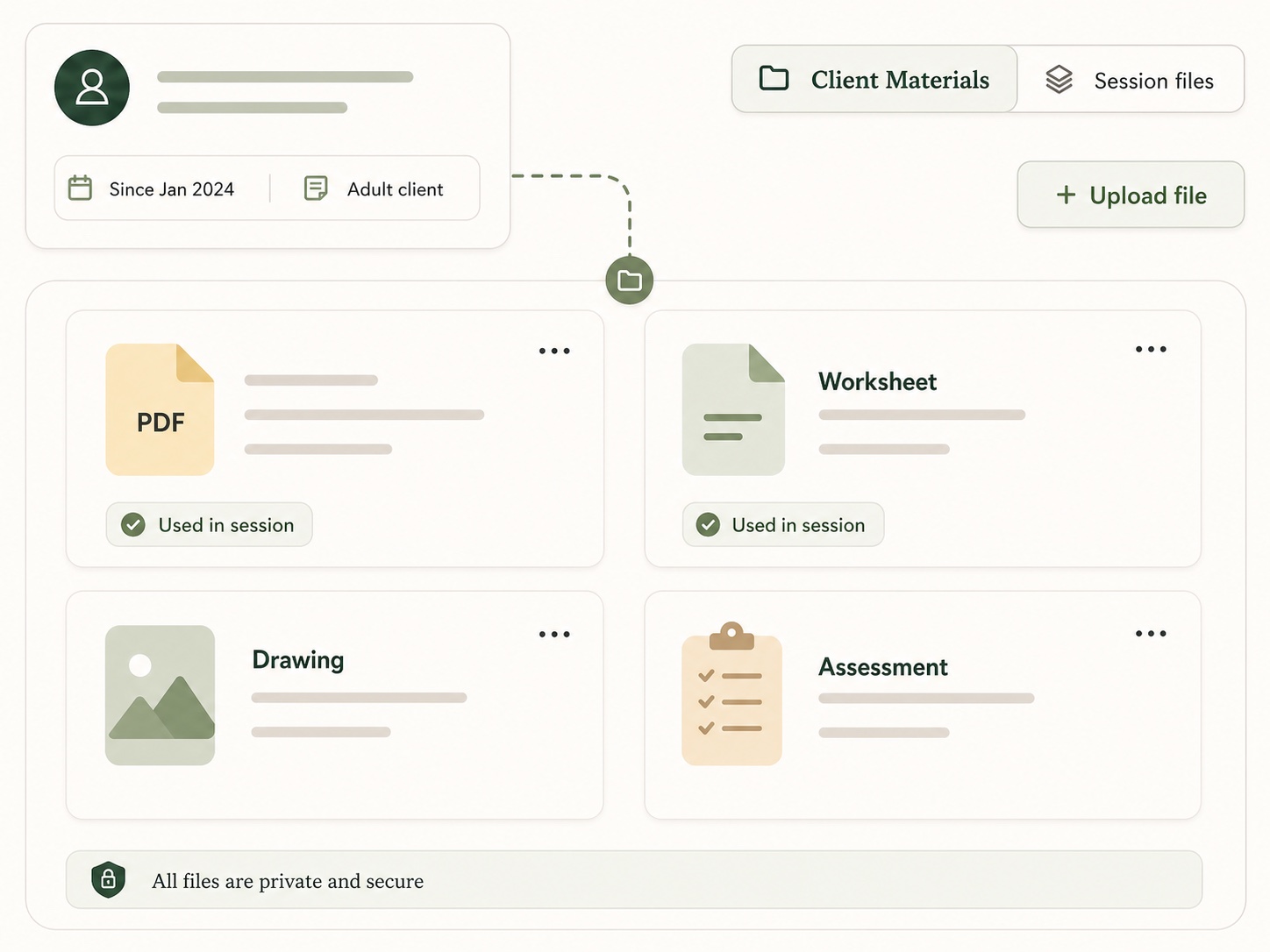 BeeThere client workspace organizing clinical materials, worksheets, assessments, and session files