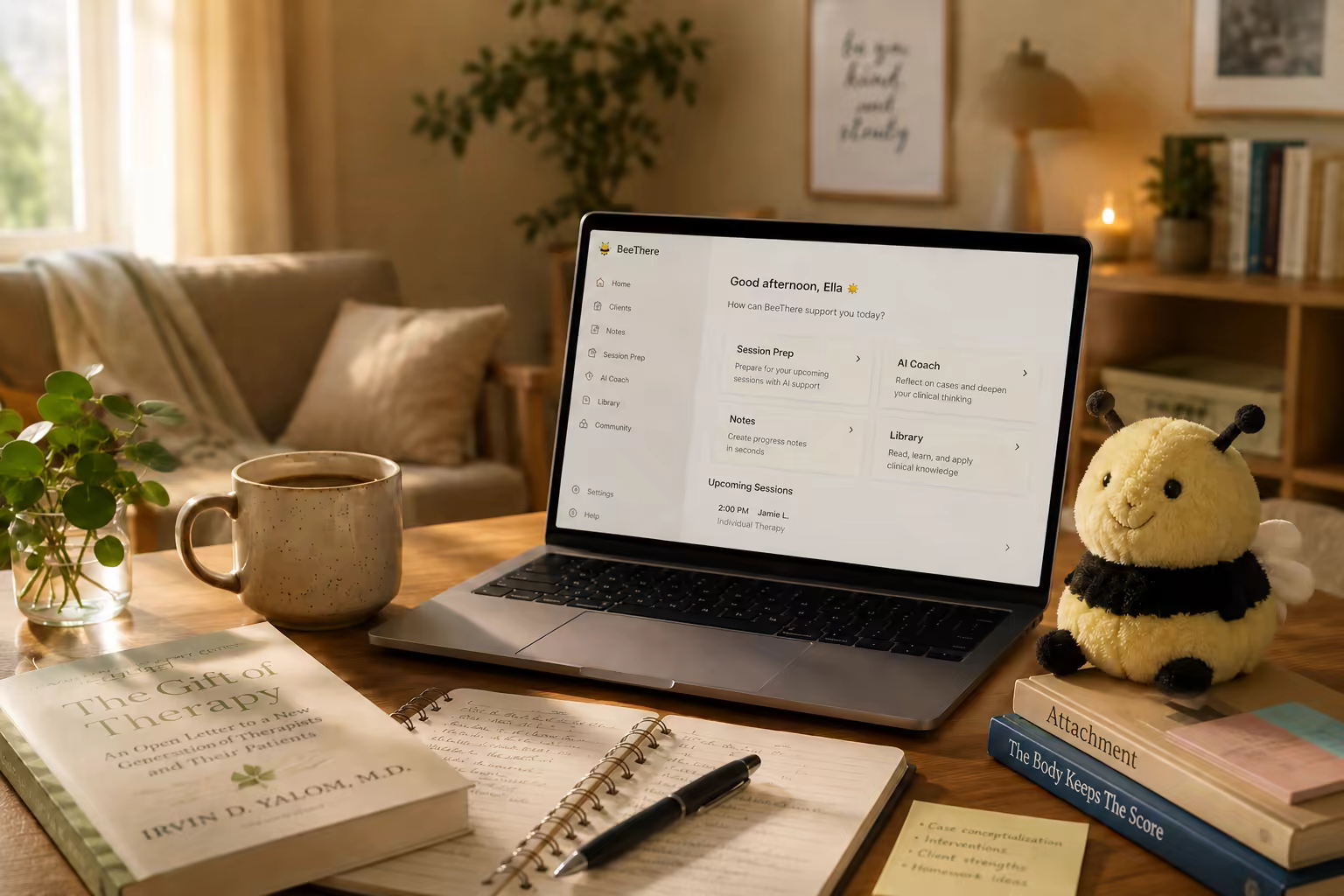 BeeThere open on a therapist's laptop in a private clinical workspace